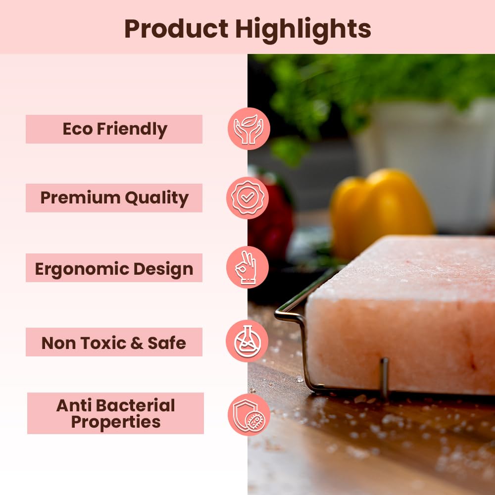 POHS 2 INCHES THICK Himalayan Salt Block For Grilling, Searing, Cooking, BBQ, Himalayan Salt Slab with Premium Quality Stainless Steel Holder 12x8x2 Inches