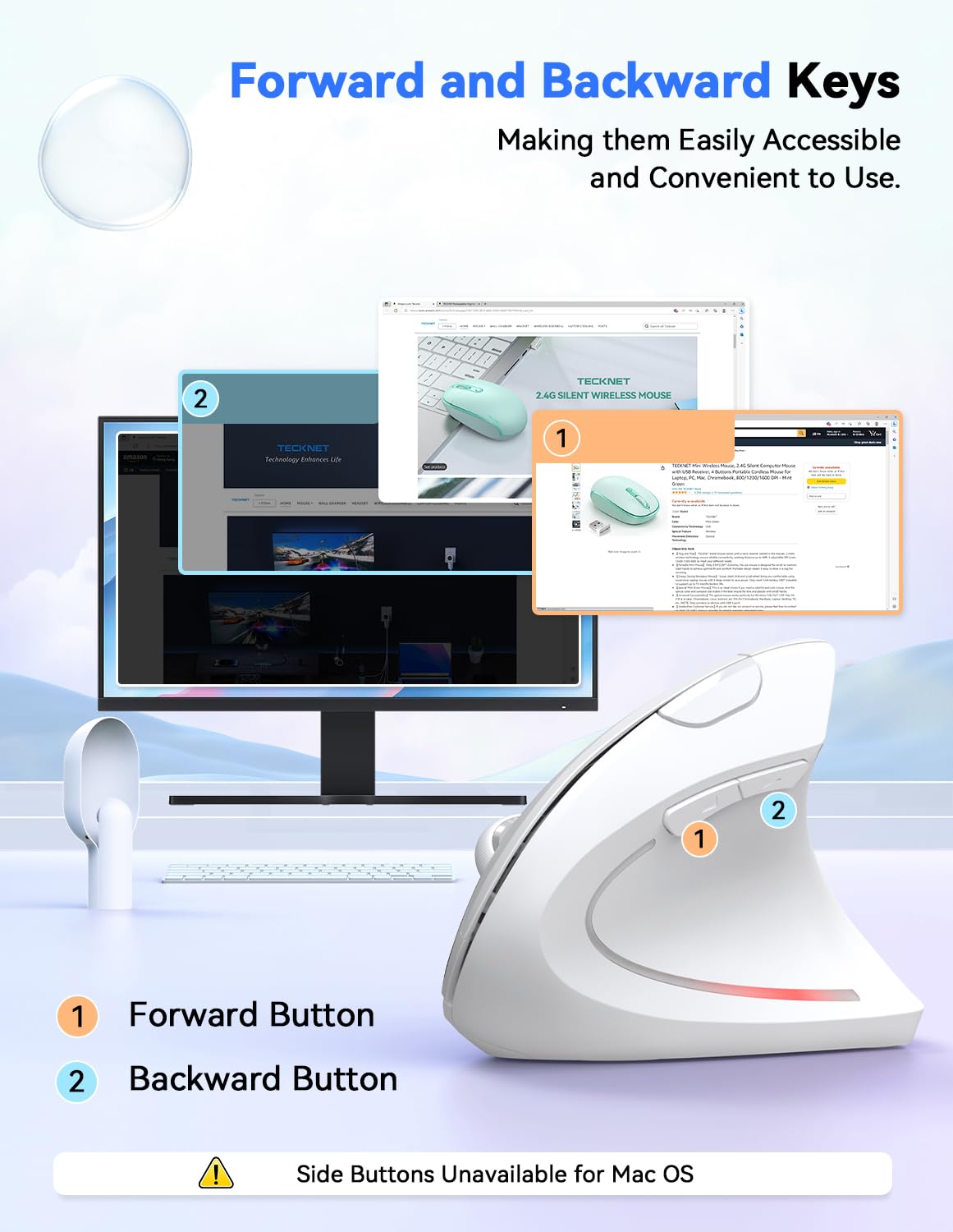 TECKNET Ergonomic Mouse, 4800 DPI Wireless Vertical Mouse with 5 Adjustable DPI Levels, 6 Buttons, 2.4GHz Optical Carpal Tunnel Mouse for Laptop, Desktop, PC, MacBook - White