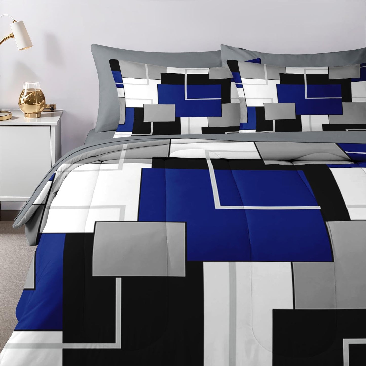Nesker Comforter Set Full Size, Blue Black Geometric 7 Pcs Bedding for Kids and Adults, Abstract Modern Grey Bed Sheet Sets with Fitted Sheet 2 Pillowcases & 2 Shams