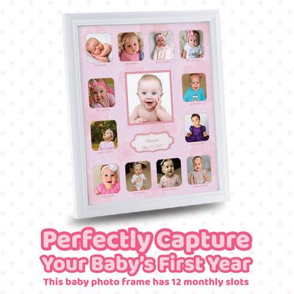 Comfecto 12 Month Baby Picture Frame Collage, Babies First Year Photo Frame, First Year Baby's Memory Frame, Milestone Keepsake Display for Newborn, Baby Registry Gift for Expecting Parents, Pink
