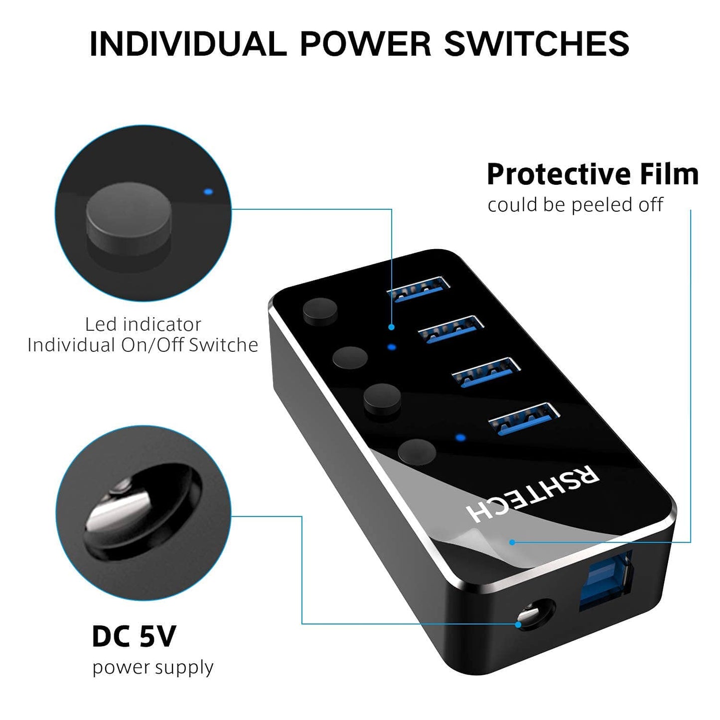 RSHTECH Powered USB Hub Aluminum 4-port USB 3.0 Hub with 5V/2A Power Supply and Individual On/Off Switch (Black)