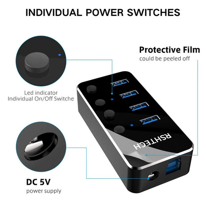 RSHTECH Powered USB Hub Aluminum 4-port USB 3.0 Hub with 5V/2A Power Supply and Individual On/Off Switch (Black)