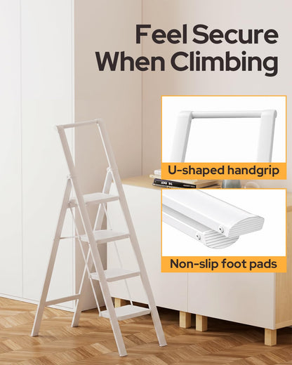 GameGem 5 Step Ladder for 10 Feet High Ceiling, Folding Step Stool Stepladders with Anti-Slip and Wide Pedal for Home and Kitchen Use Space Saving (White)