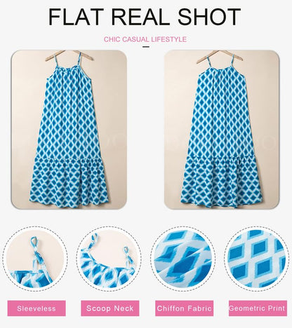 Dokotoo Women Summer Dresses 2025 Spaghetti Strap Scoop Neck Smocked Ruffle Flowy Boho Maxi Dress