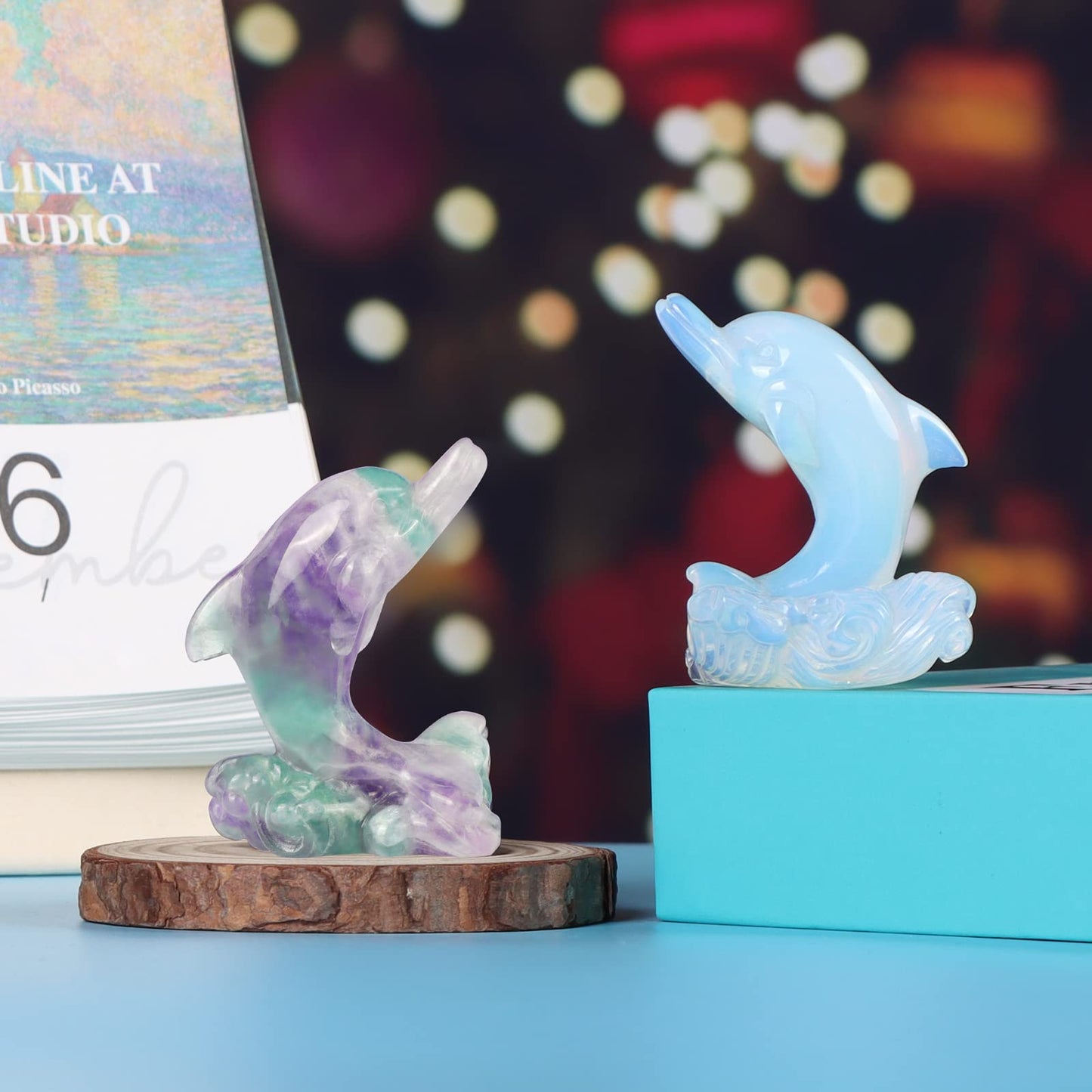 Hxswkk Opalite Crystal Dolphins Figurines Collectibles Crystal Statue Sea Animal Sculpture Home Desk Decoration Ornaments Dolphin Gifts for Women