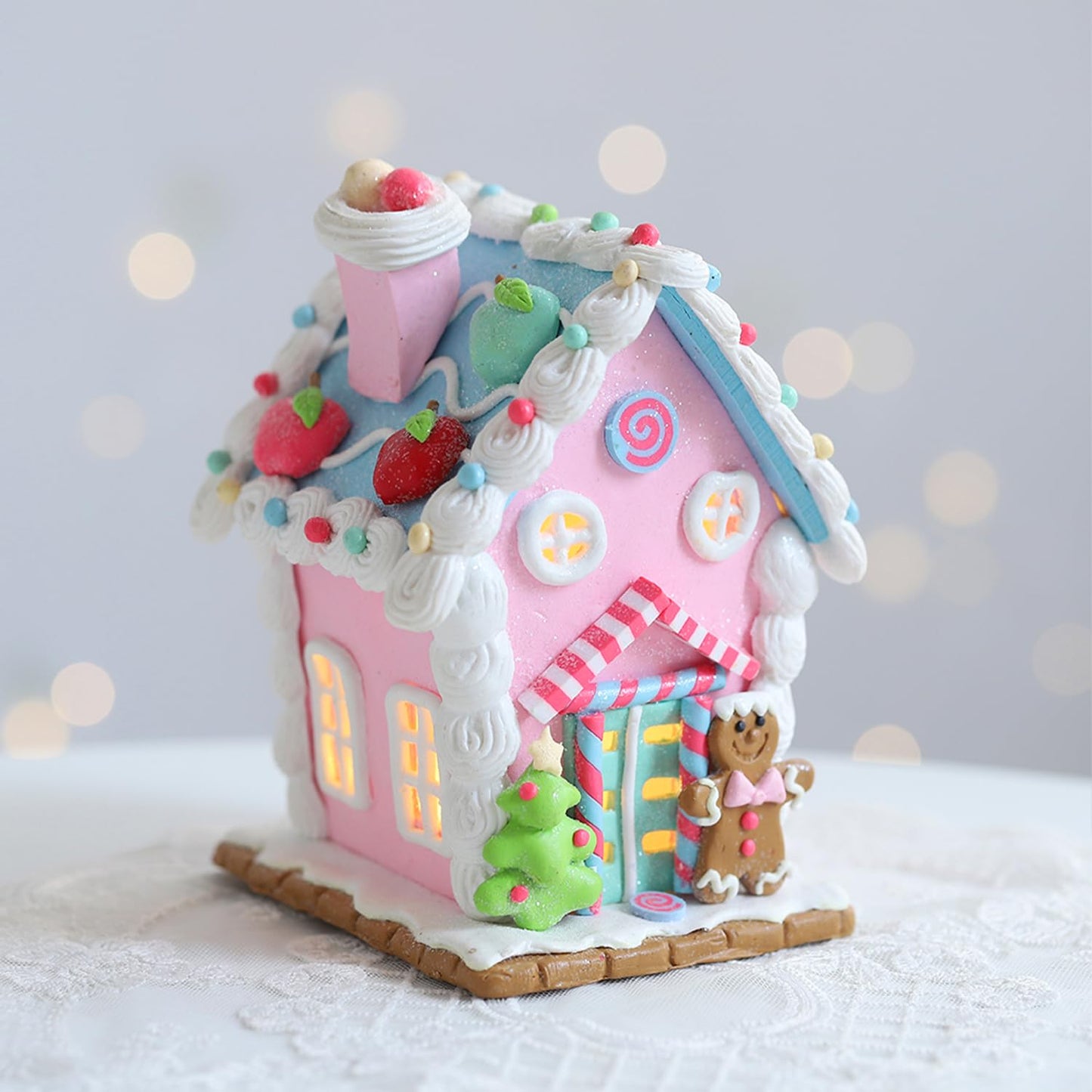 Christmas Pastel Gingerbread House Ornaments Decorations,Soft Clay Pastel Pink Small Candy House Christmas Ornaments with Light for Christmas Tree Hanging Pendants Xmas Tabletop Decoration