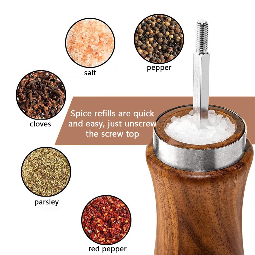 HOBBIESAY 2PCS Salt and Pepper Grinder Set Kitchen Wooden Grinder Manual Pepper Grinders Manual Salt Pepper Shakers Wooden Pepper Mill Refillable with Adjustable Ceramic Grinding Core
