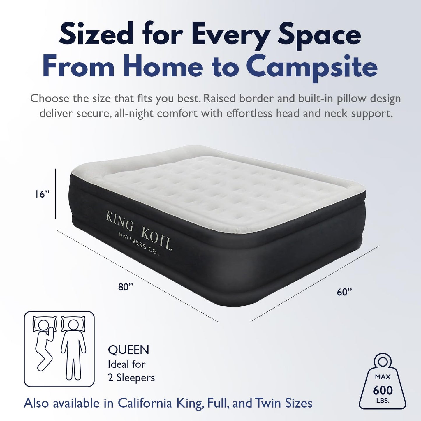King Koil Luxury Pillow Top Plush Queen Air Mattress with High-Speed Built-in Pump, Blow Up Bed Top Side Flocking, Puncture Resistant, Double High Inflatable Airbed Guests & Travel 1-Year Warranty
