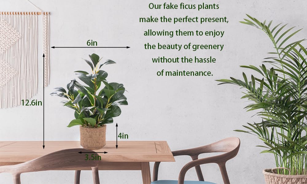 12.6" Fake Plants in Brown Ceramic Vase Real Looking and Touching Evergreen Ficus Leaf Faux Plant indoor for Book Shelf Bathroom Office Desk Kitchen Counter Bedroom Small Space Artificial Plant Decor