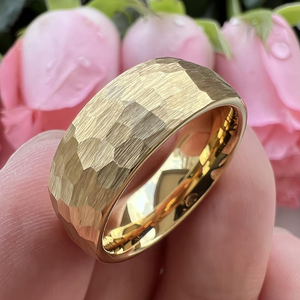 TUTISS 8mm Gold Hammered Tungsten Rings for Men Women Engagement Wedding Bands Domed Matte Finish Comfort Fit Size 7