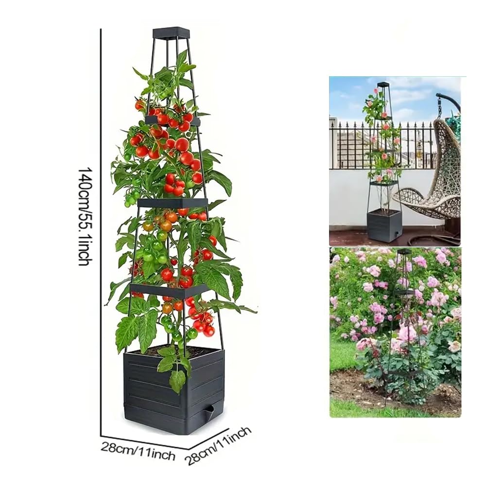 Qhinaster Raised Garden Bed Planter Box with Trellis 57" Self-Watering Tomato Cage Planters for for Climbing Vegetable and Plants, Raised Tomato Planter Boxes (1 pcs)
