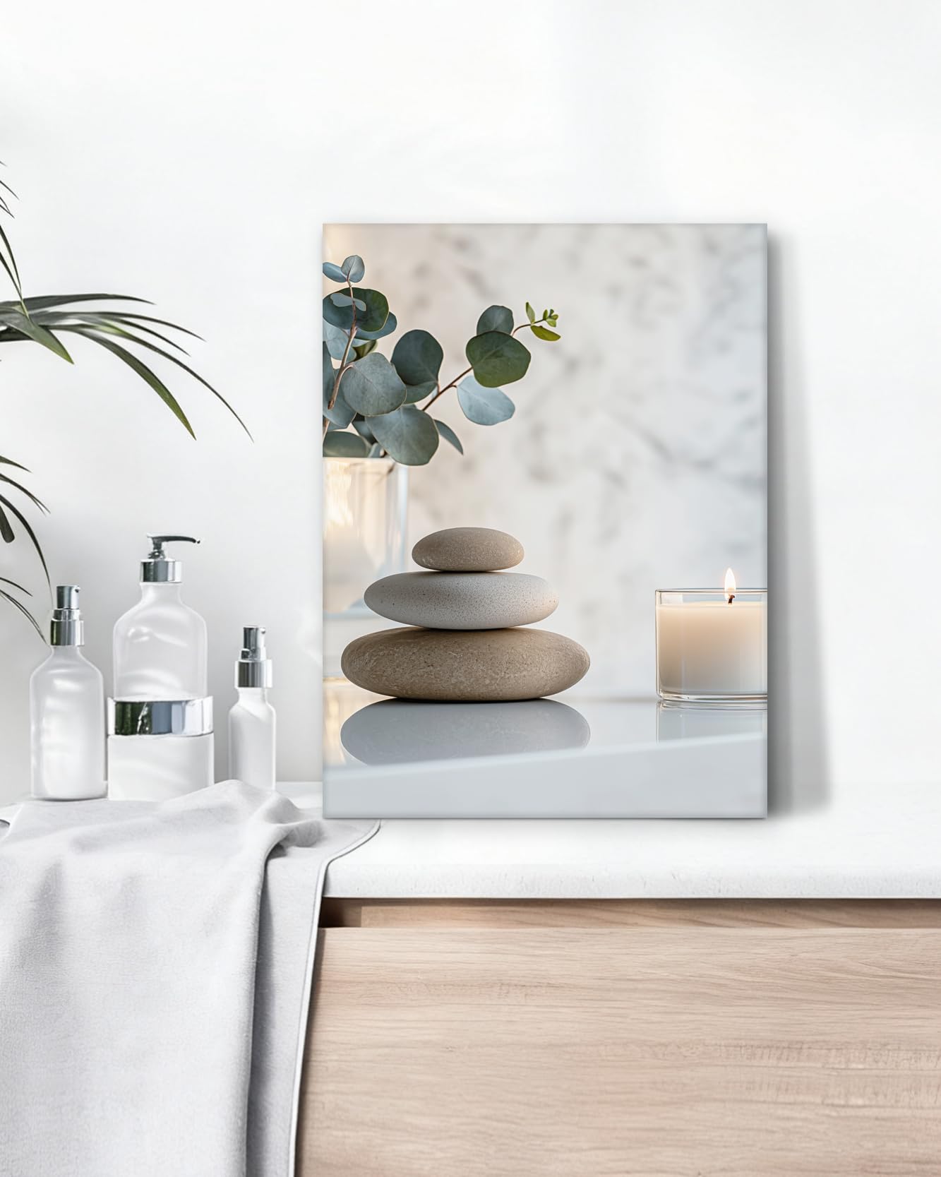 HesenDot 12x16in Spa Bathroom Wall Art - Relaxing Zen Stones Candles Canvas Print, Calming Aesthetic Poster, Minimalist Warm Wall Decor for Yoga Room Bedroom Master Bath Home, Set of 1