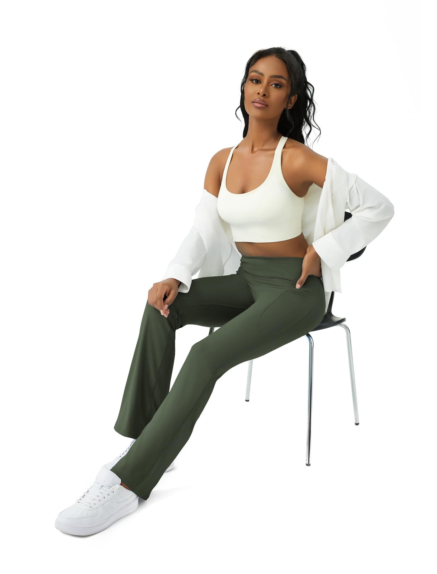 Womens Yoga Pants with Pockets High Waisted Flare Leggings Bell Bottom Yoga Dress Pants Seamless Bootcut Pants