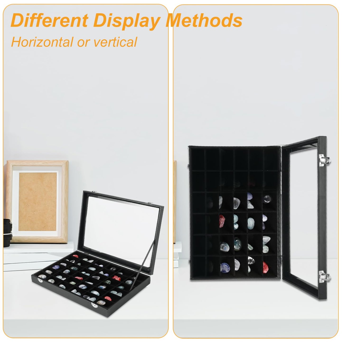 Acrux7 2 Pack Rock Collection Display Case, 36 Grid Rock Display Case, Black PU Leather Rocks Collection Box with Clear Glass Lid and Soft Velvet Grids for Collectibles, Gemstone, Crystal, Small Stone