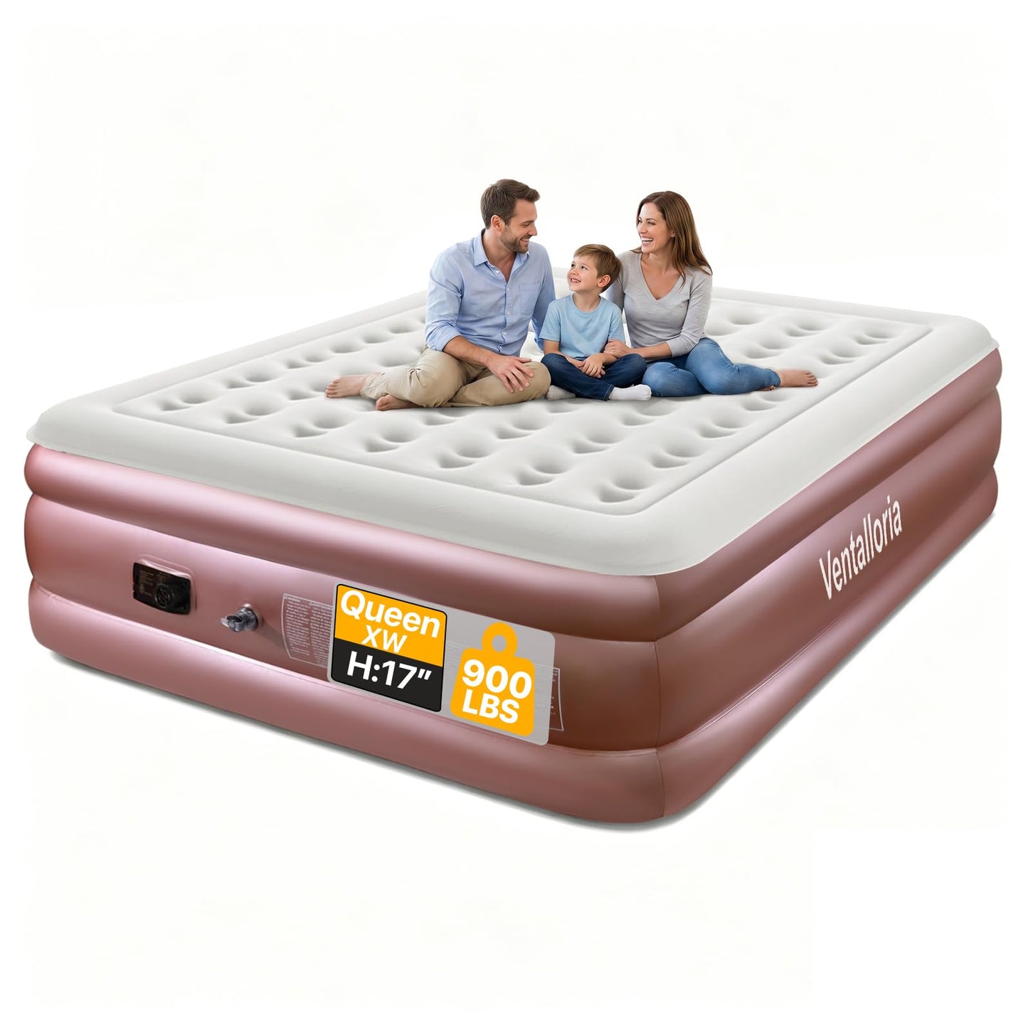 Ventalloria Luxury Air Mattress with Built in Pump Extra-Wide Queen Size Blow Up Mattress, 900 lbs Support Airbed Inflatable Mattress 17" Raised Air Bed, Inflatable Bed for Guest, Home & Camping