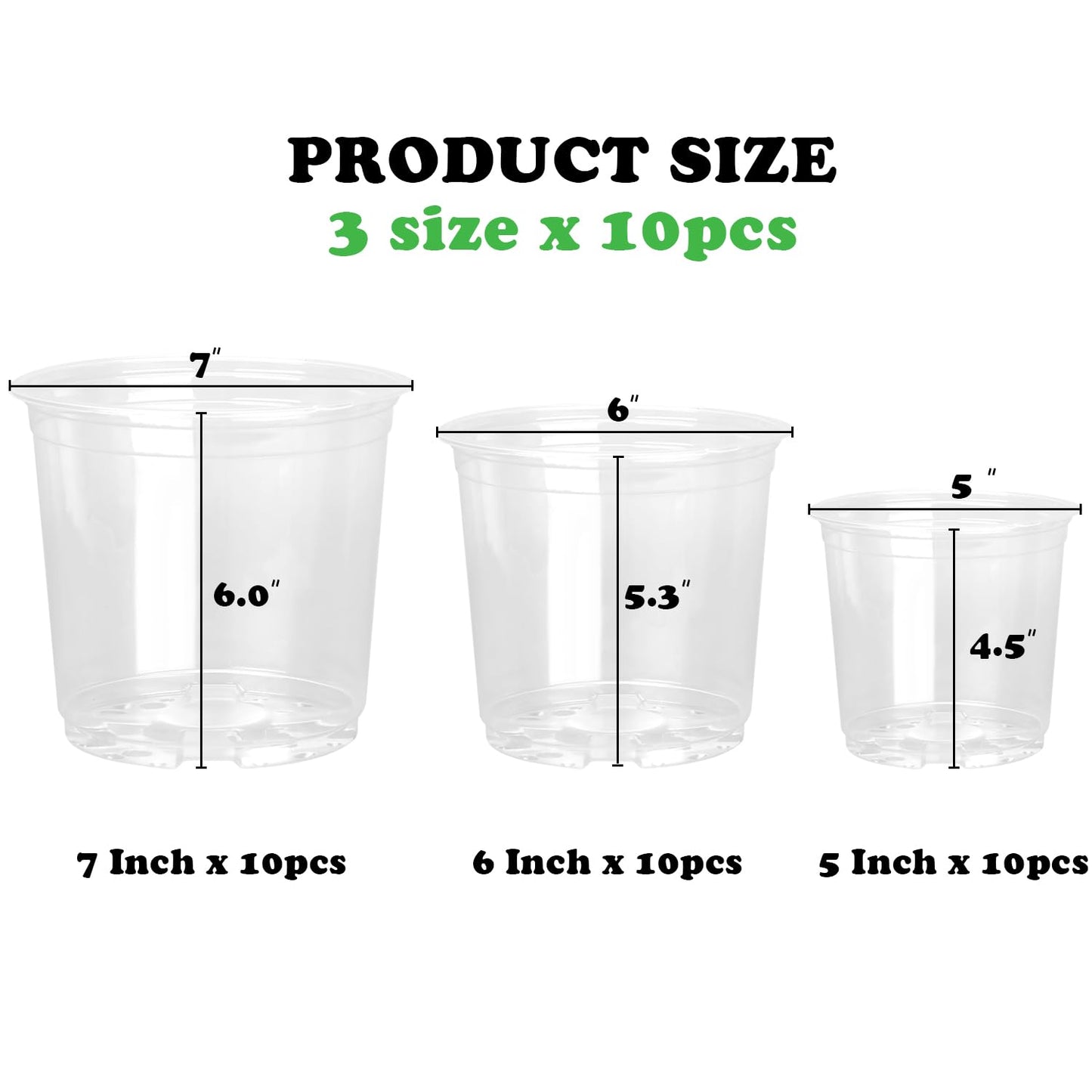 RAOOKIF 30 Pack 5/6/7 Inch Reinforced Clear Nursery Pots with Drainage Holes, Nursery Pots for Plants Variety Pack, Transparent Plastic Plant Pots for Seedlings, Seed Starters