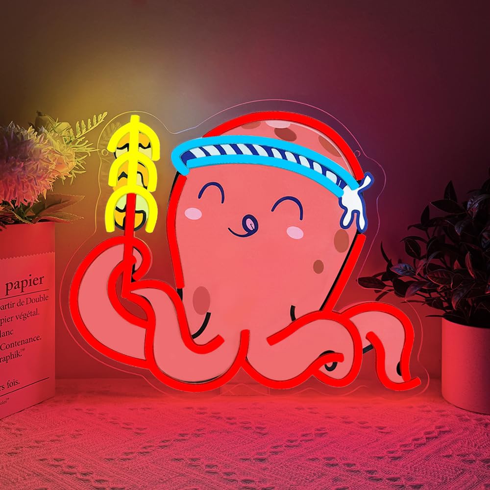 RuCvixkt Takoyaki Octopus Neon Signs for Wall Decor, Japanese Anime Sushi Neon Sign USB Powered Light for Food Shop Kitchen Living Room Restaurant Decoration