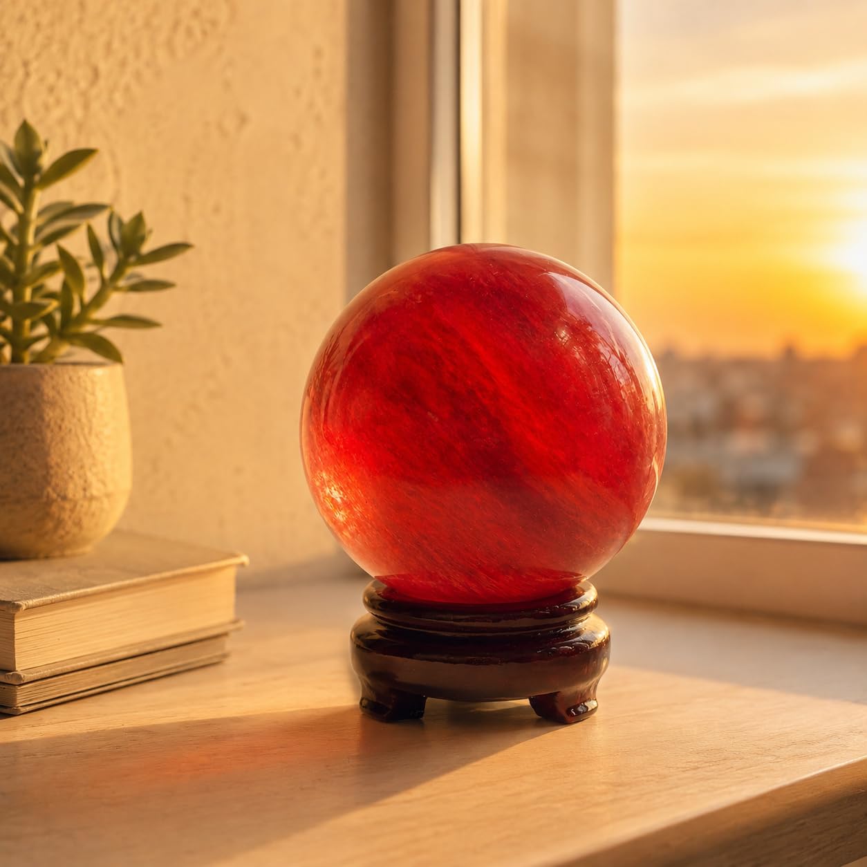 Lodkksg Red Crystal Ball(90mm-3.54 inches) with Display Stand—Natural Ruby Sphere for Decoration and Divination