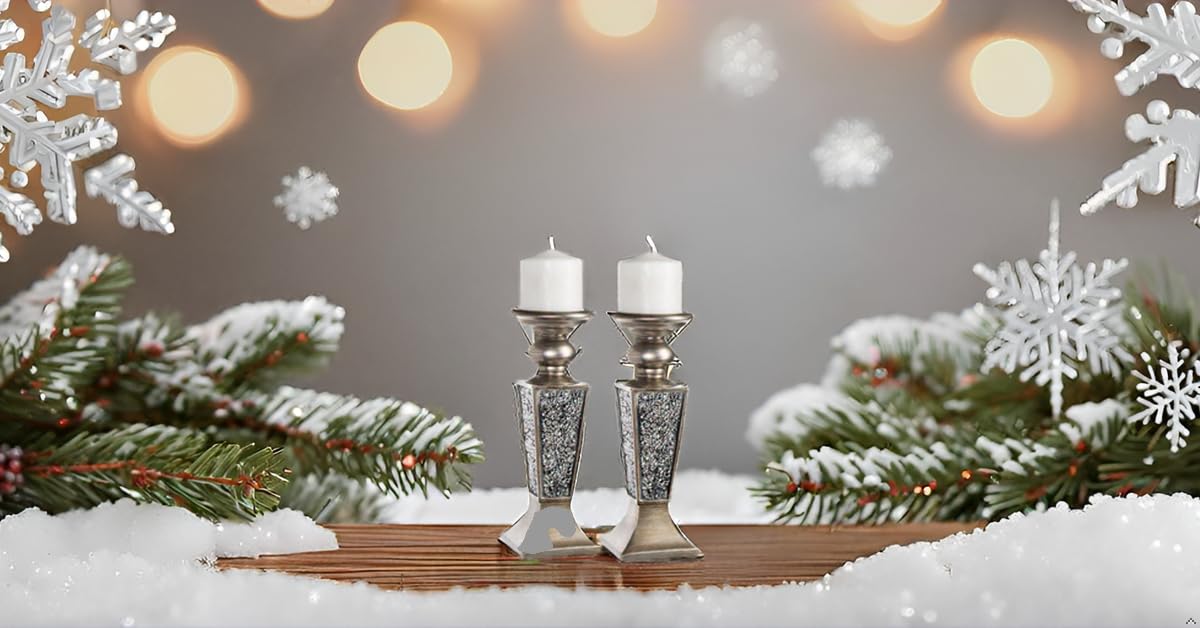 Creative Scents Schonwerk Silver Pillar Candle Holder Set of 2 - Crackled Mosaic Design - Centerpiece Table Decoration - Coffee Table Decor - Decoration Centerpiece for Living/Dining Room - Best Gift
