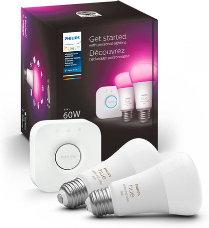 Philips Hue Smart Light Bulbs Starter Kit, Includes (1) Bridge, (2) 60W A19 Bulbs, White and Color Ambiance LED Color Changing Lights, 800LM, E26, Control with App or Voice Assistant