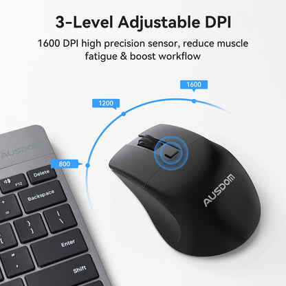 AUSDOM Wireless Mouse for Laptop - Computer Mouse with 2.4G USB Mini Receiver, 1600 DPI Optical Tracking, Cordless Portable Computer Mice for PC, Mac, Notebook, Black