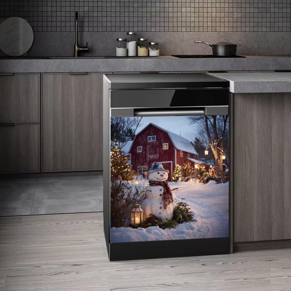 Farm Red Barn Dishwasher Magnet Cover, Winter Snowman Magnetic Dishwasher Cover, Farmhouse Front Dishwasher Decal, Christmas Kitchen Decoration, 23"x 26" Magnetic