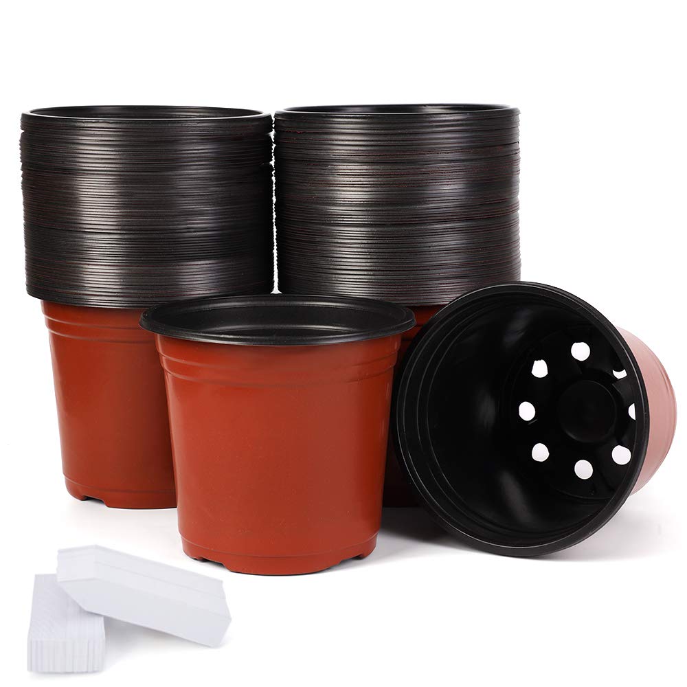 JERIA 100-Pack 6 Inch Plastic Nursery Pots Come with 100 Pcs Labels, Seedling Flower Plant Container and Seed Starting Pots