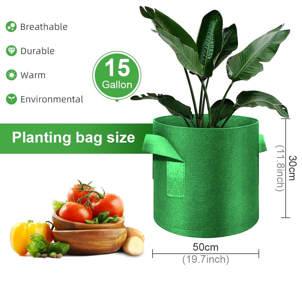 FineGearPow 5-Pack 15 Gallon Grow Bags Heavy Duty Thickened Nonwoven Fabric Pots with Handles, Plant Grow Bags for Vegetables/Flower/Plant/Fruits, Green