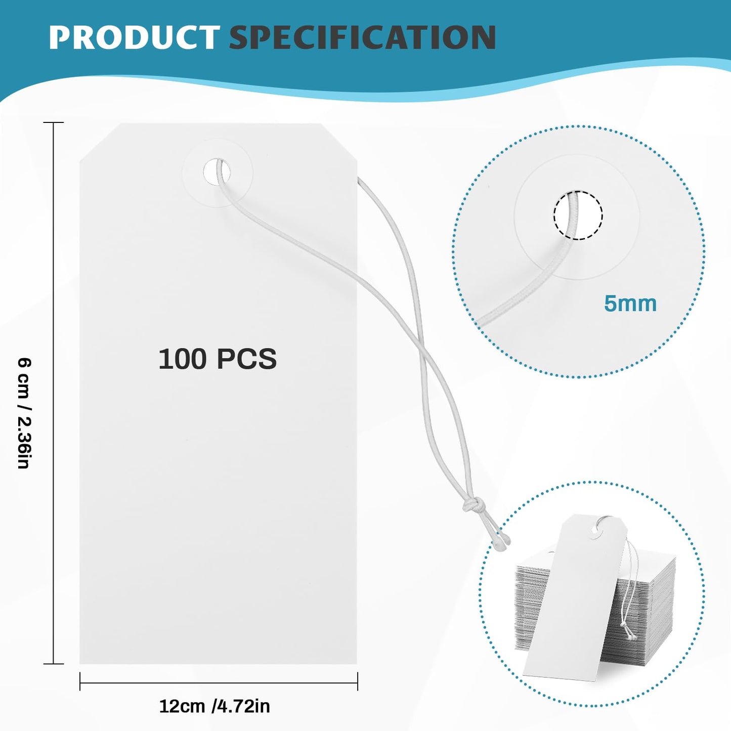 100 Pack White Shipping Tags with Elastic String Blank Labeling Tags with Strings Attached, 4 3/4" x 2 3/8"