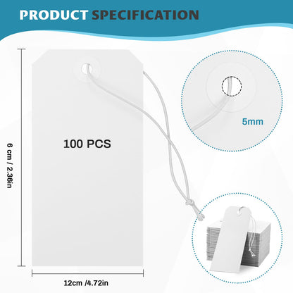 100 Pack White Shipping Tags with Elastic String Blank Labeling Tags with Strings Attached, 4 3/4" x 2 3/8"