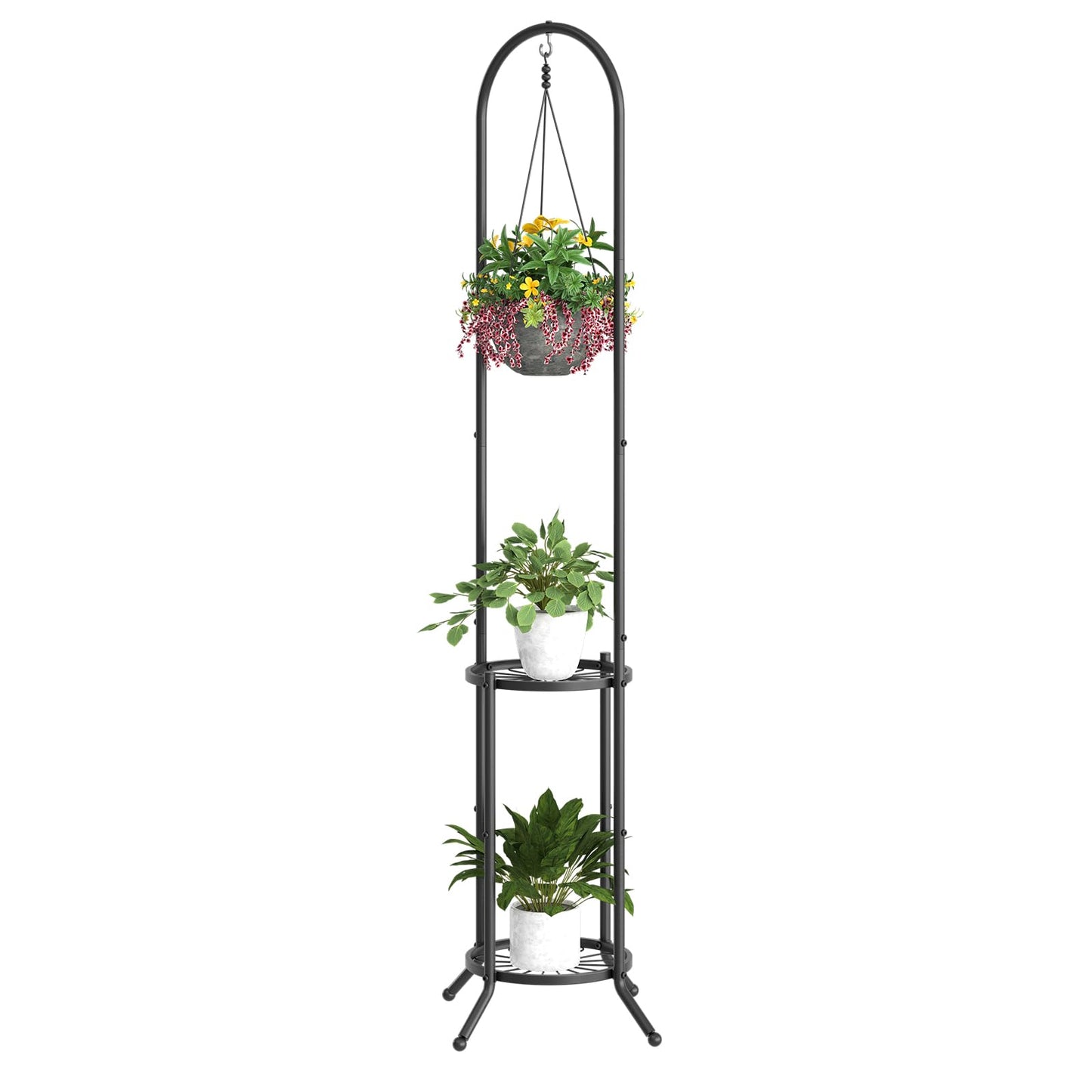 BMOSU Plant Stand with Hooks Indoor Outdoor Corner Tall Plant Stand Heavy-Duty Metal 3-Tier Plant Shelf Holder Rack for Patio Garden Balcony Living Room Bedroom(circular Black)