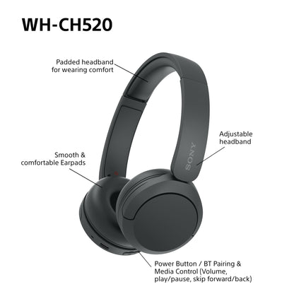 Sony WH-CH520 Wireless Bluetooth On-Ear Headphones, Lightweight Design, Up to 50hr Battery Life, Quick Charge, EQ, Clear Call Quality, iOS & Android - Black