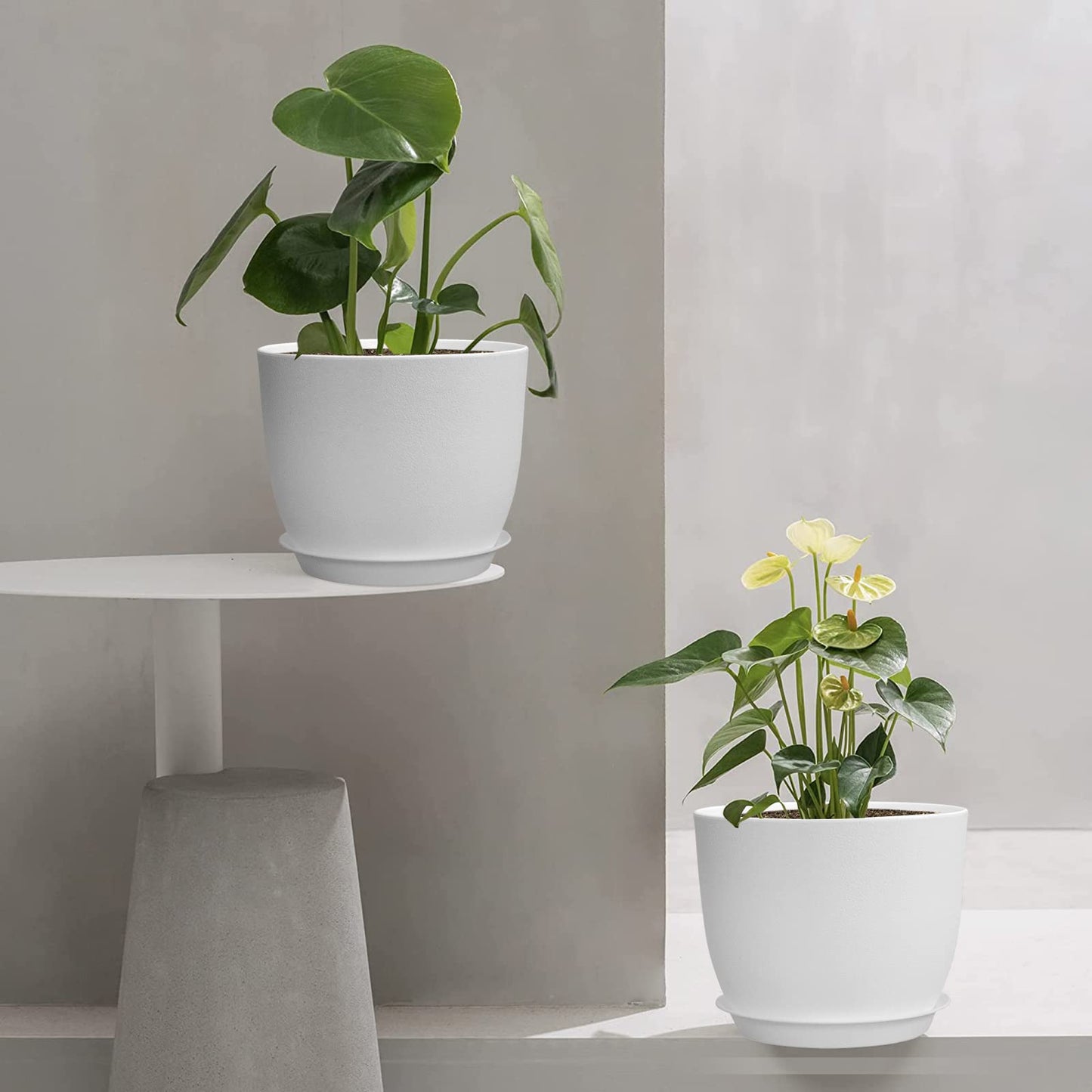 UOUZ 12/10/9 Large Plant Pots, Plastic Planters with Drainage Holes and Saucers for Indoor Outdoor Plants Flowers, White