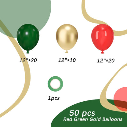 Christmas Latex Balloons, 50pcs 12 Inches Red Green Gold Balloons with 1 Ribbon for Christmas, Birthday Party Decorations