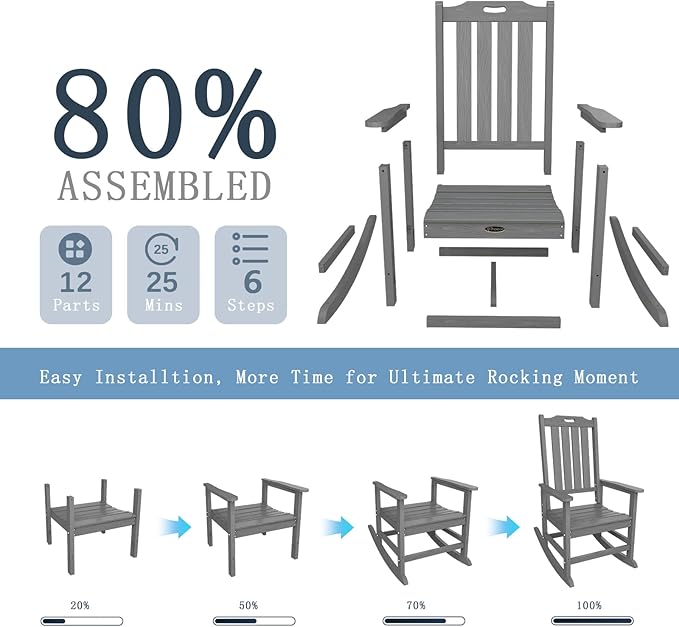 Oversized Rocking Chair Set of 8, Outdoor Rocking Chair for Adults, All Weather Resistant Porch Rocker for Lawn Garden, Grey
