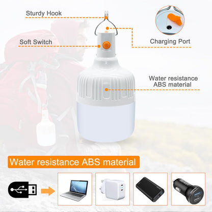 Ledeak 2 Pcs Camping Light, LED USB Rechargeable Camping Lantern Battery Powered Outdoor Tent Lamp with Hanging Hook, Dimmable 3 Modes Portable Light Bulb for Emergency Camping Patio Garden Gazebo