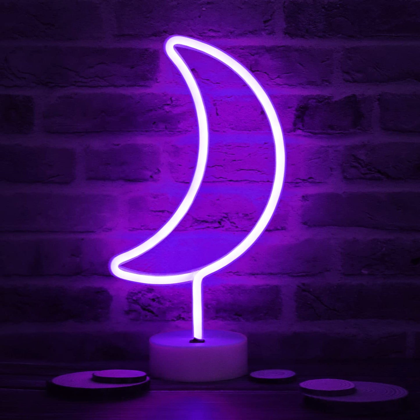 Vicila LED Moon Neon Signs, Purple Crescent Night Lights USB Battery Operated Moon Lamp for Birthday Party, Wedding, Halloween, Christmas Decorations-Holder Base(Purple)