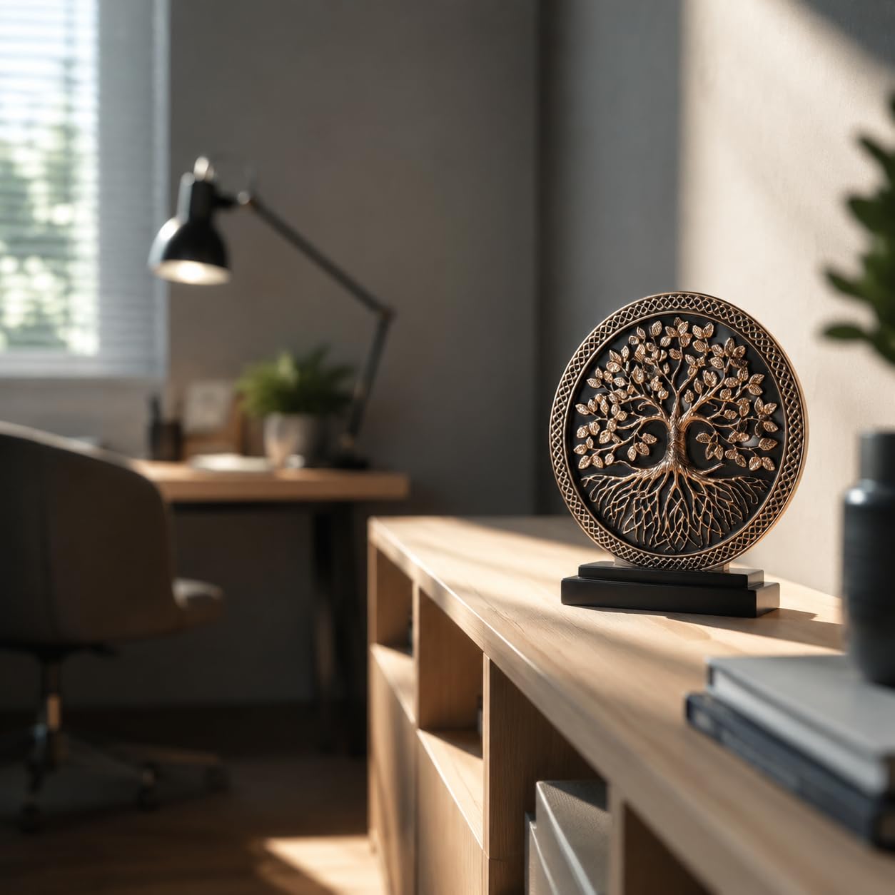 WUBIANJIE Tree of Life Statue Resin Sculpture for Home Decor, Hand Painted Tree Sculpture with Round Relief Design, Decorative Figurine for Living Room Shelf Tabletop Entryway Office