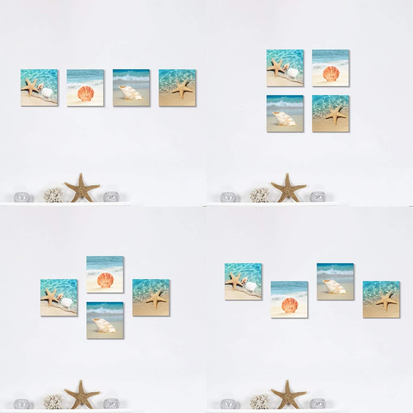 Hardy Gallery Beach Seashell Starfish Wall Art: Blue Ocean Beauties Artwork Print on Wrapped Canvas for Living Room (12''x12''x4pcs)