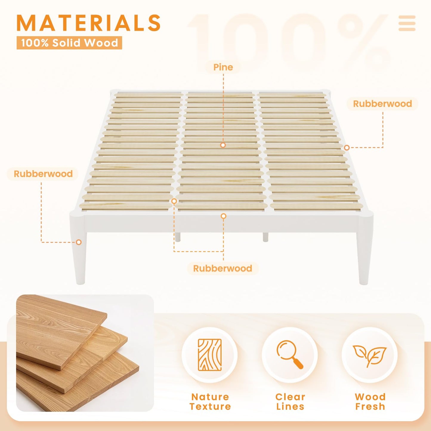 IOTXY Queen Platform Bed Frame - Solid Wood 16-Inch Height Mattress Foundation Base with Densely Slats and Heavy-Duty Support Legs, No Box Spring Needed, White