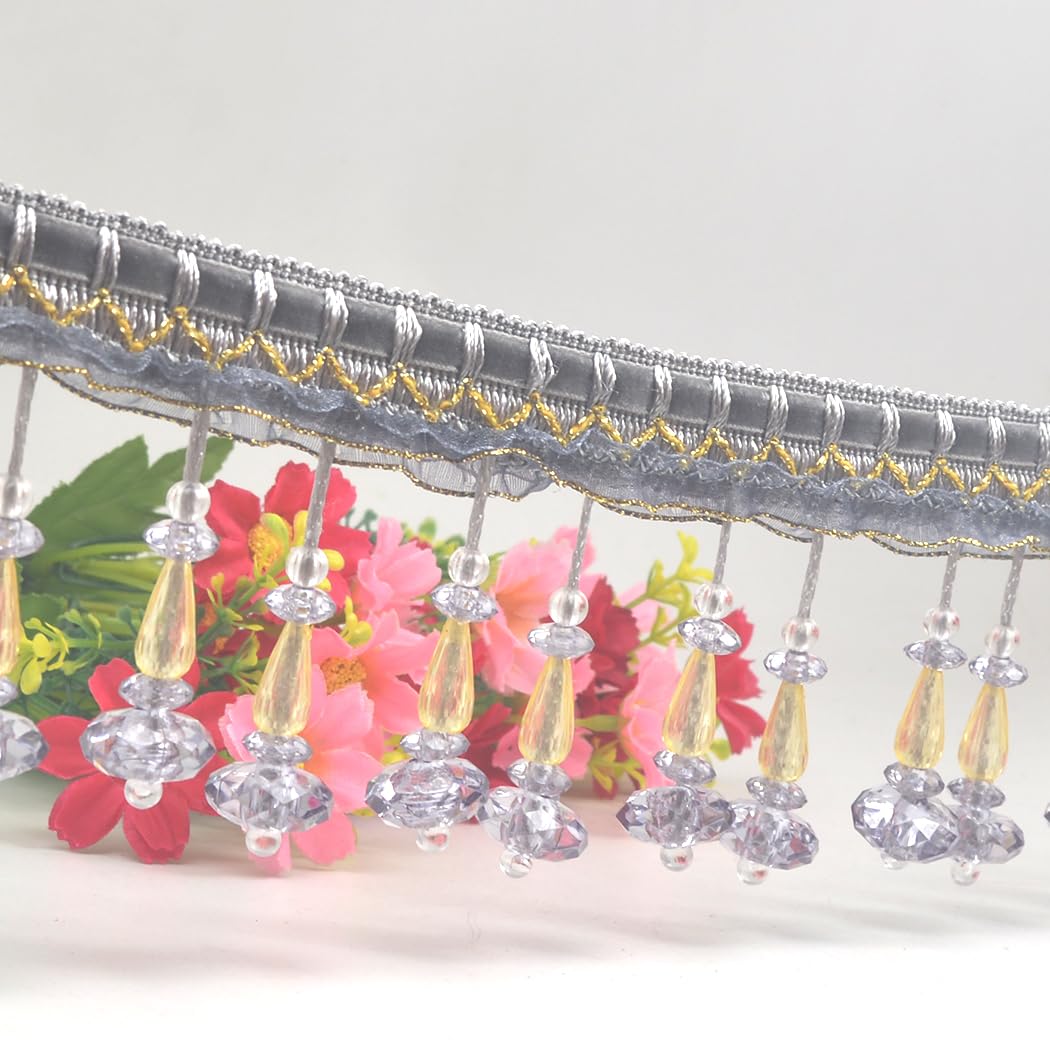Kuasting 6.5 Yards Braid Hanging Ball Tassel Fringe Trim Bead Sewing Trim Fringe Acrylic DIY Craft Sewing Accessory for Home Curtain Decoration (Gray)