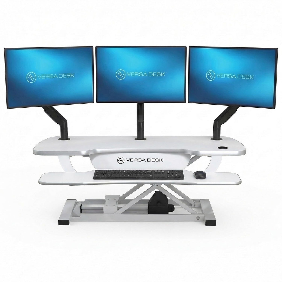 VERSADESK PowerPro 40 Inch Electric Standing Desk Converter – Push-Button Height Adjustable Sit to Stand Desk Riser for Triple Monitors & Laptop – Motorized Desktop Workstation with Wide Keyboard Tray