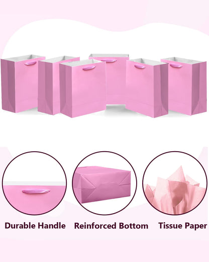qiqee 24pcs Pink Gift Bags with Tissue Paper for Wedding, Birthday, Party Supplies-4.7"x6.3"x2.4" Small Size Cardboard Gift Bags（24pcs Bags + Tissue Paper ）