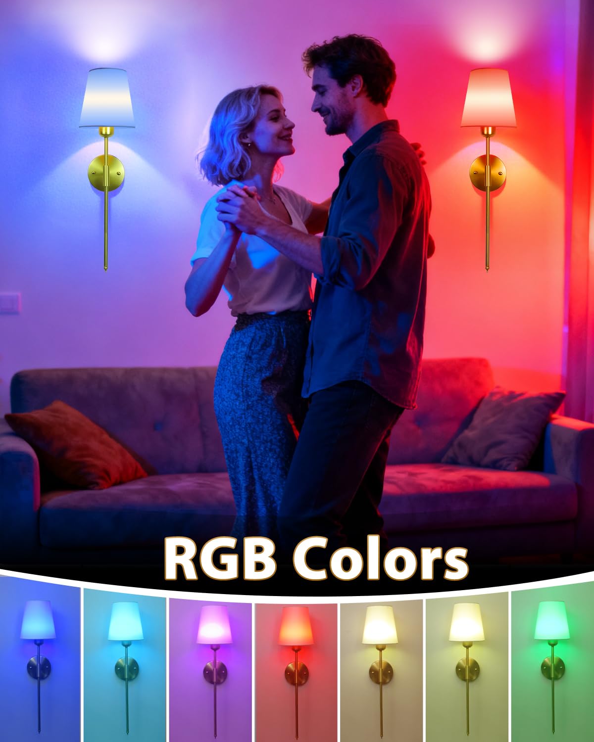 Adetu Wall Sconces Set of Two, Battery Operated Wall Sconce with 10000mAh RGB Dimmable Magnetic Bulbs and Remote, Rechargeable Wall Lights for Bedroom Living Room Hallway Decor