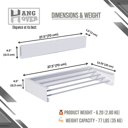 TCO ADVENTURES Invisible 27.5" Wall Mounted Drying Rack Elegant Matte Wall-Mounted Hanger | Folding Stainless Steel Collapsible Space Saver with 11.5 Feet Drying Capacity (Medium, White)