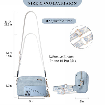 Roulens Triple Zip Small Crossbody Bag for women,Wide Strap Cell Phone Purse Shoulder Handbag Wallet with Credit Card Slots