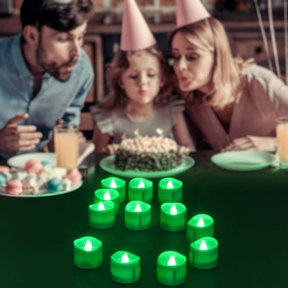 PChero 12pcs Green LED Tea Lights with Timer, Flickering Flameless Tealights Battery Operated Long Lasting Fake Candles for Wedding, Party, Christmas, Halloween and Festival Celebration