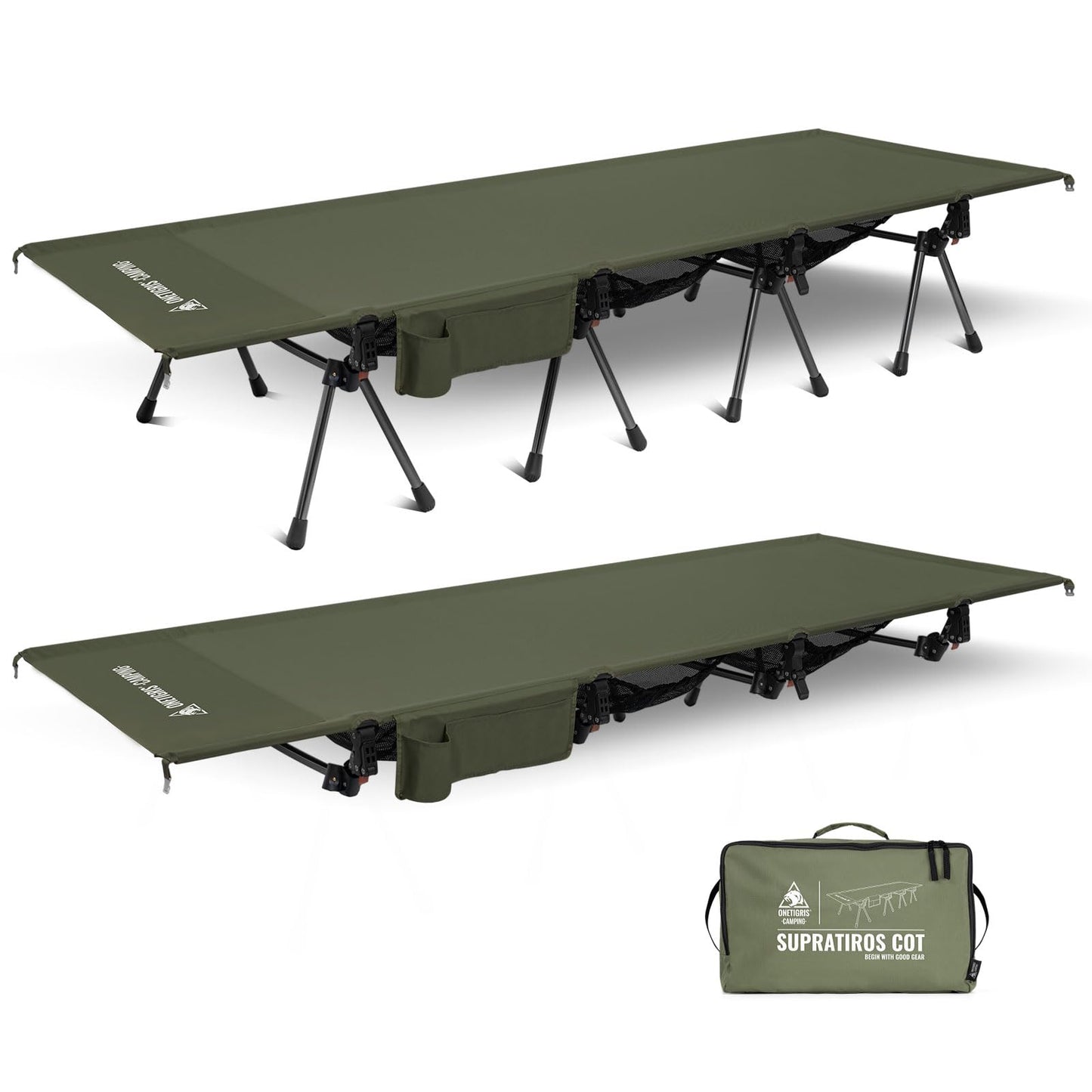 ONETIGRIS SUPRATIROS Extra Large Camping Cot, Height Adjustable Oversized Sleeping Cot with Extending Legs for Camping, Car Trips, Truck, Beach, Office Nap, Sturdy Supports Up to 400lbs (Ranger Green)