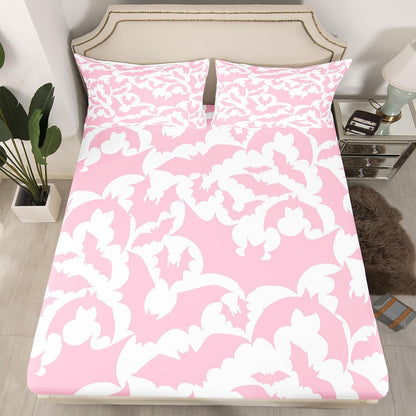 Castle Fairy Halloween Themed Bed Sheet Set for Boys Girls,Pink Bats Wild Animal Print Bed Sheet Set Full Size Bedding Set,Pink White Color Fitted Sheet and 1 Flat, 2 Pillow Sham
