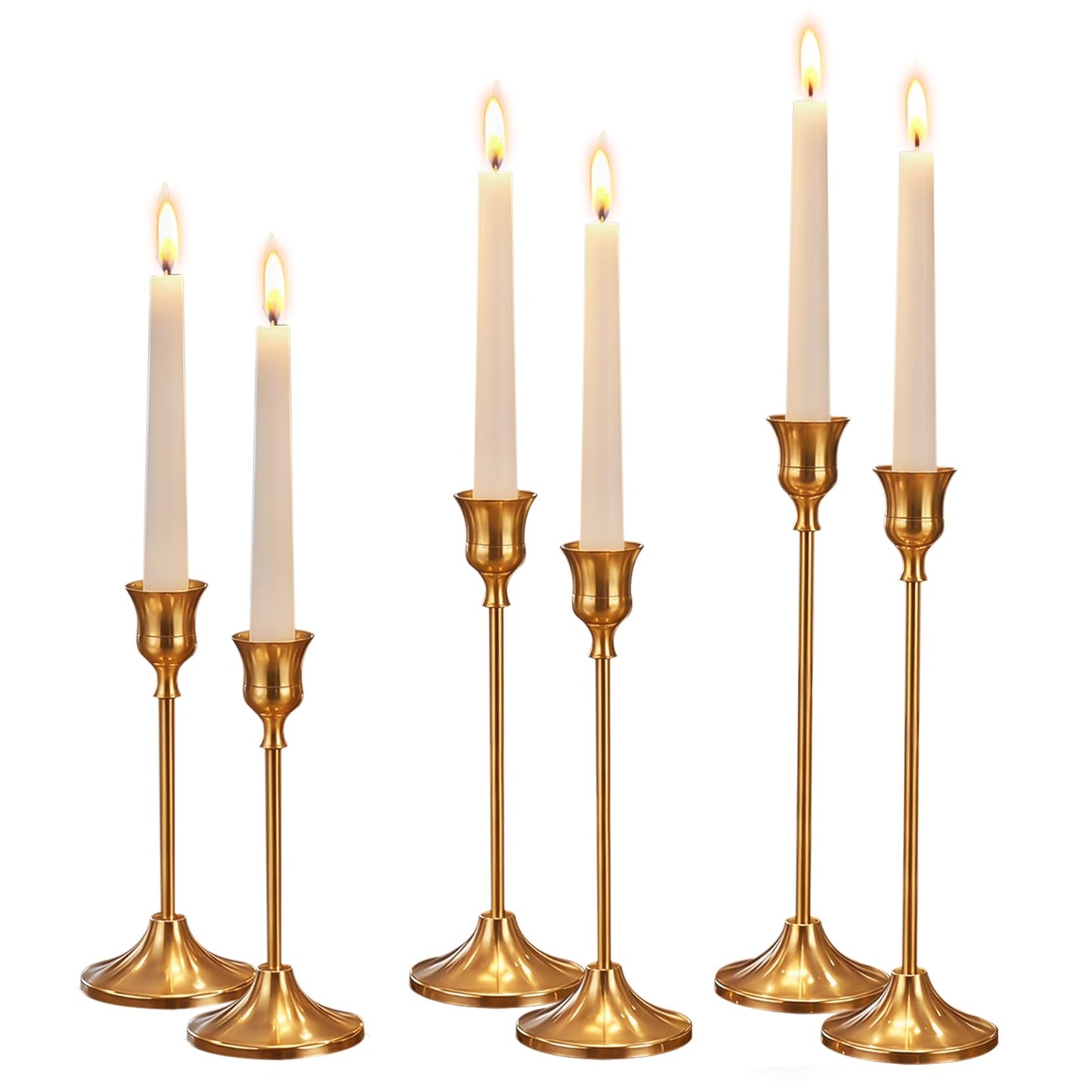 Oakernel Brass Taper Candle Holders 2 Sets(6 Pcs) - Tall Metal Candlestick Holders for Table Centerpiece, Formal Dinner, Wedding, Fireplace Mantel Decor, Fits 3/4 Inch Thick Candles